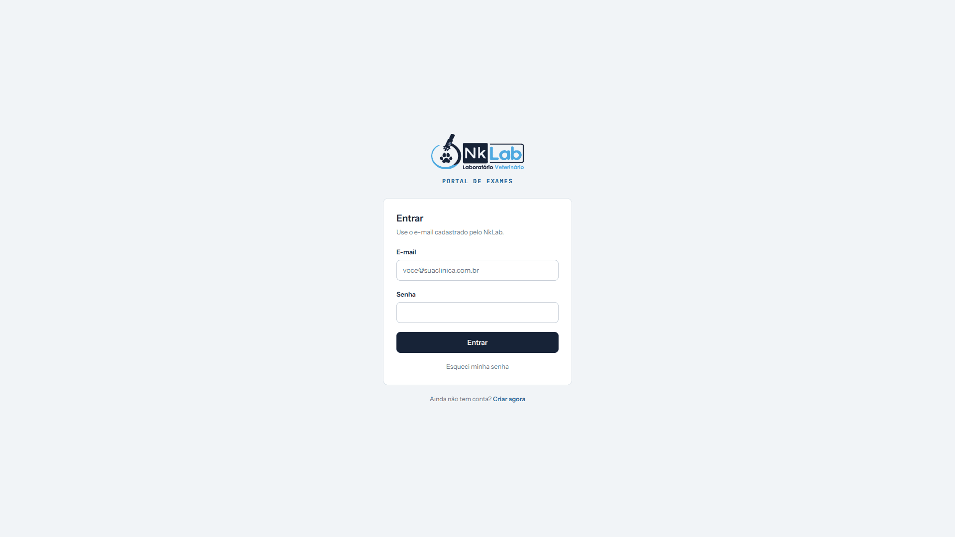 Portal de exames do NkLab, na tela de entrada.