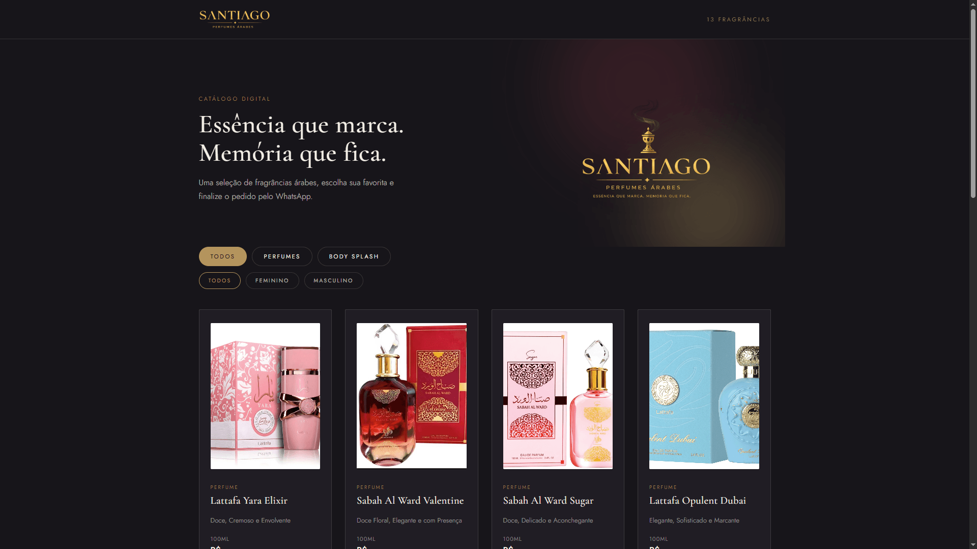 Catálogo do Santiago Signature, com a grade de fragrâncias e os filtros por tipo e gênero.